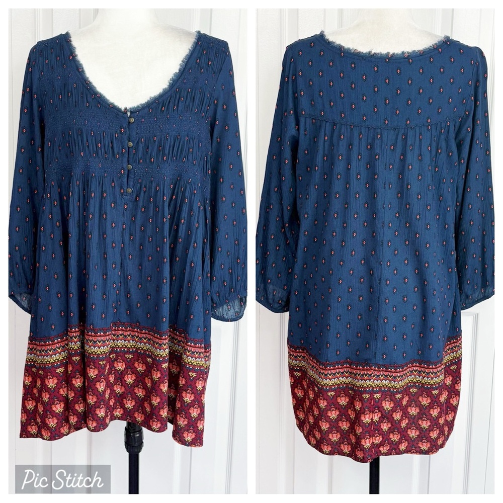 American Eagle Boho Navy Multi Shirred Fringe Trim Mini Tunic Dress Large